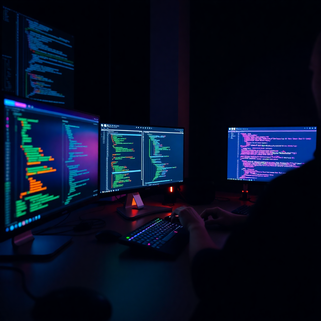 modern software development, coding on screens, dark theme with neon accents, tech workspace