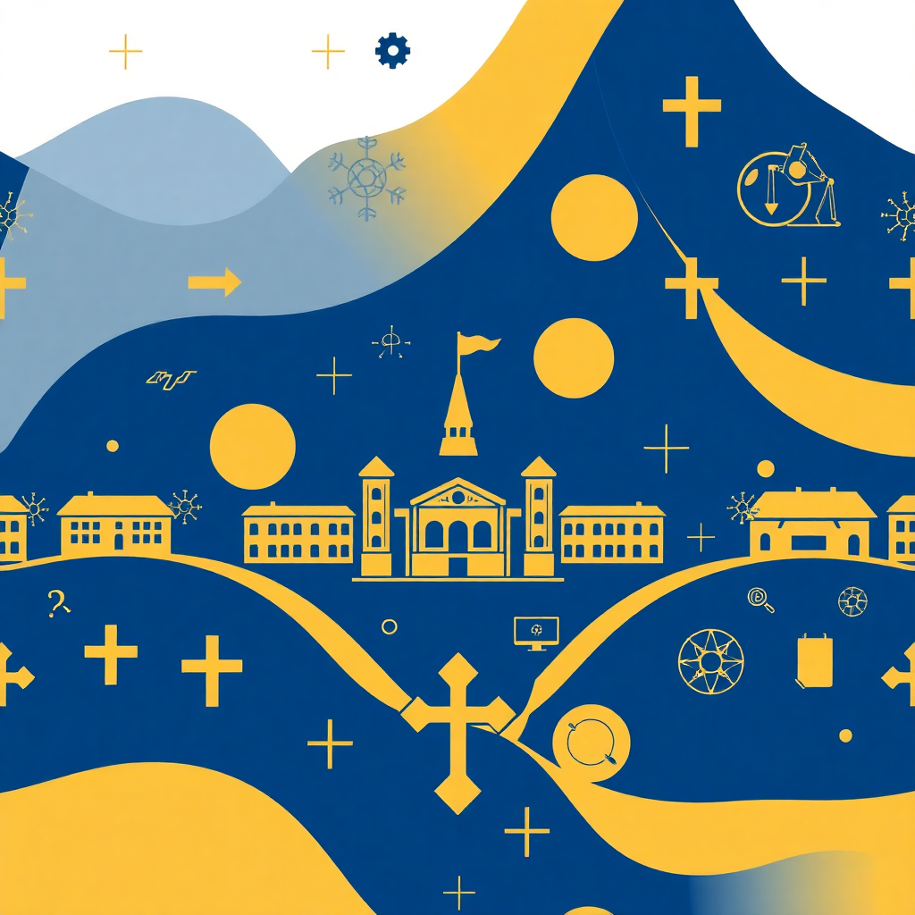 abstract pattern with Nigerian university campus, subtle cross symbols, and engineering icons in blue and secondary color scheme