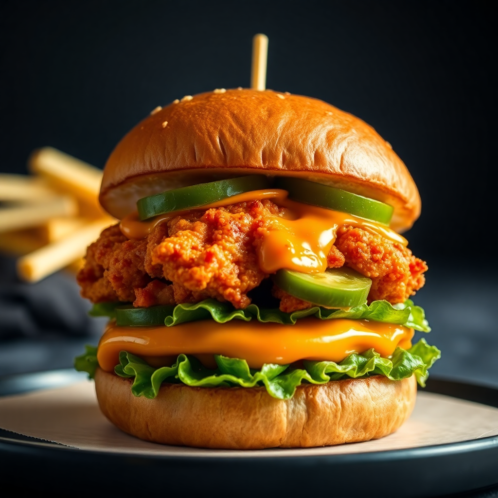 spicy jalapeno crispy chicken burger, bright lighting