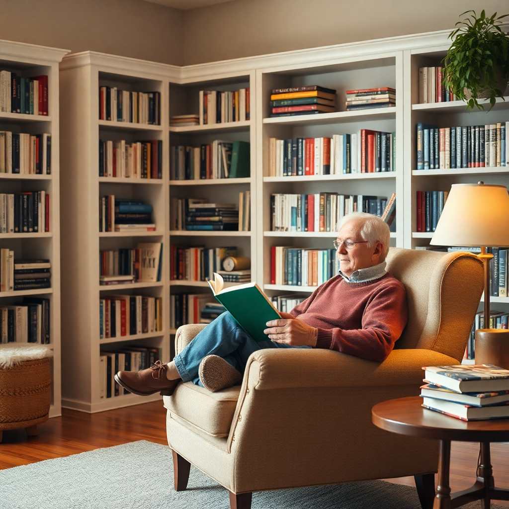 A calm and organized home library scene with a senior peacefully reading a book in a comfortable armchair, warm lighting, style of a cozy interior design photograph.