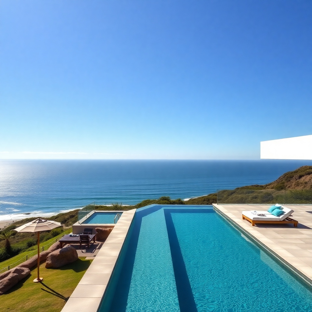 luxury beachfront villa in malibu, panoramic view with infinity pool and modern architecture, professional real estate photography