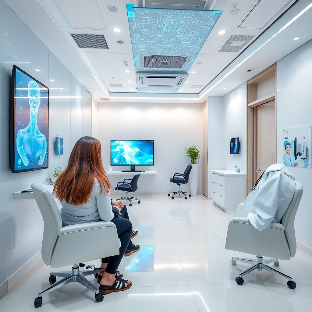 modern medical clinic with AI technology integration, patient consultation area with digital displays