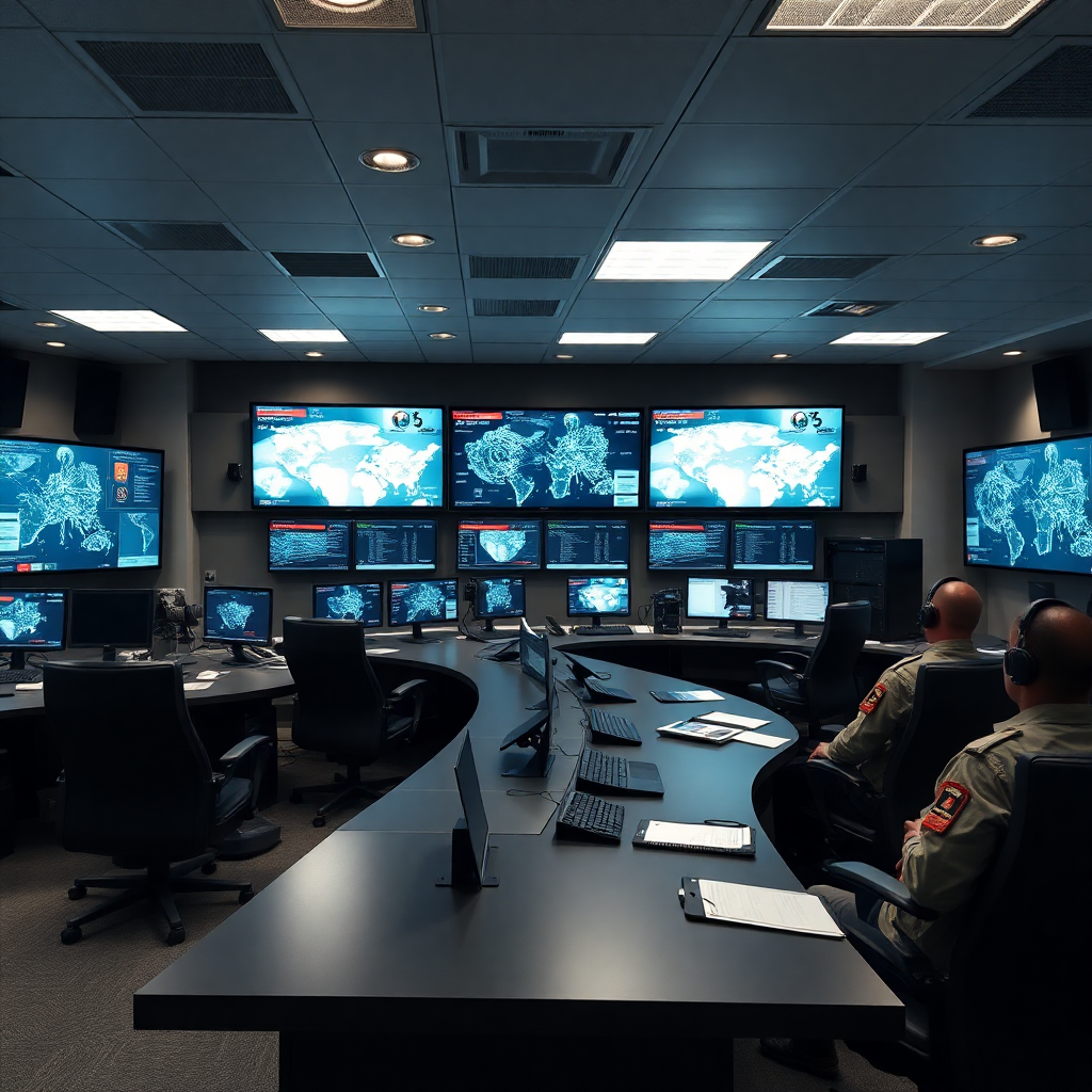 modern defense command center with digital displays and strategic planning, high-tech military operations room, professional photography
