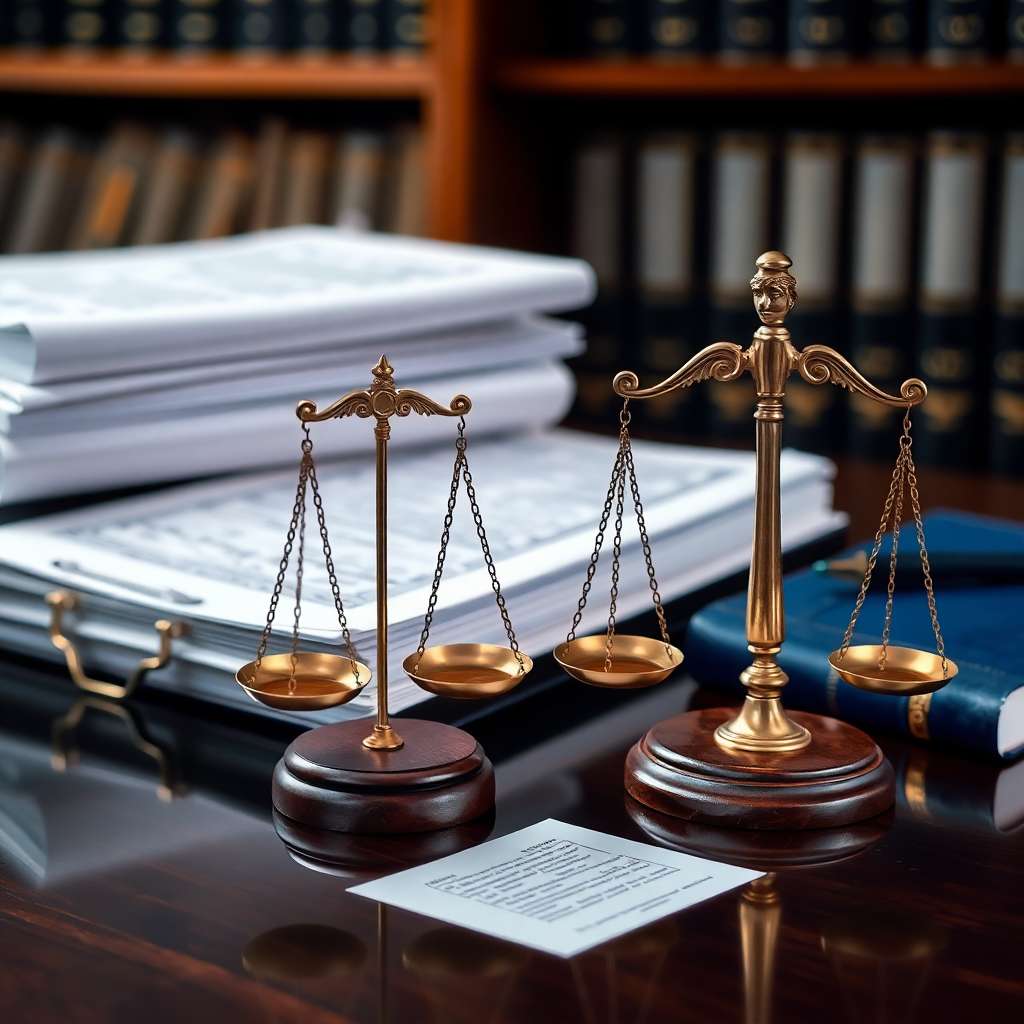 legal documents and case files on desk with scales of justice