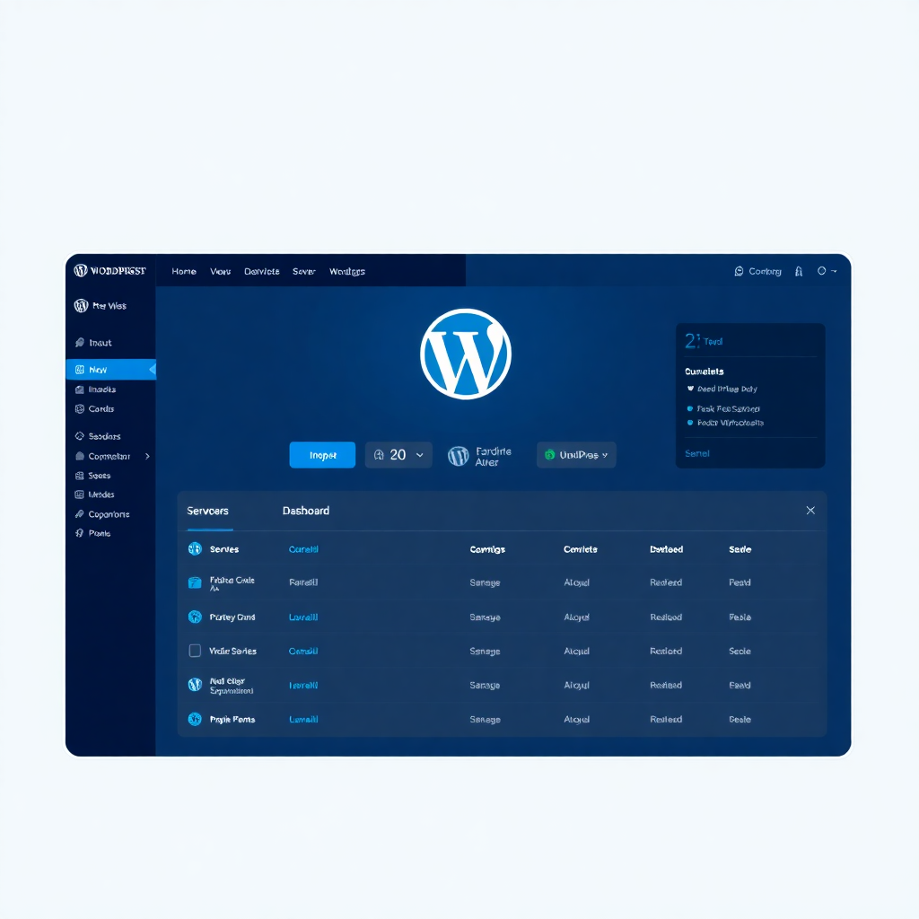 modern server dashboard interface with WordPress logo, clean tech aesthetic, blue and white colors
