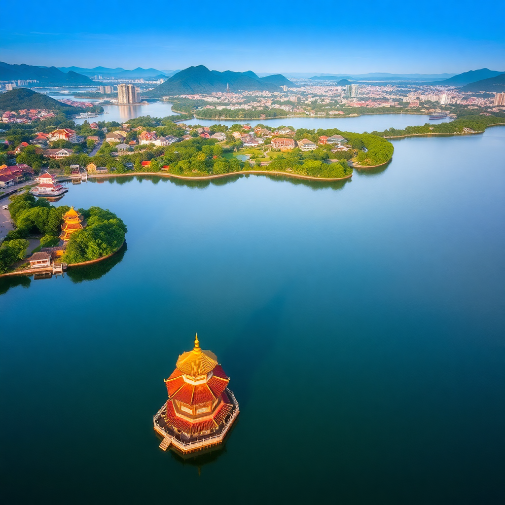 west lake hanoi vietnam aerial view with pagodas and water, professional photography