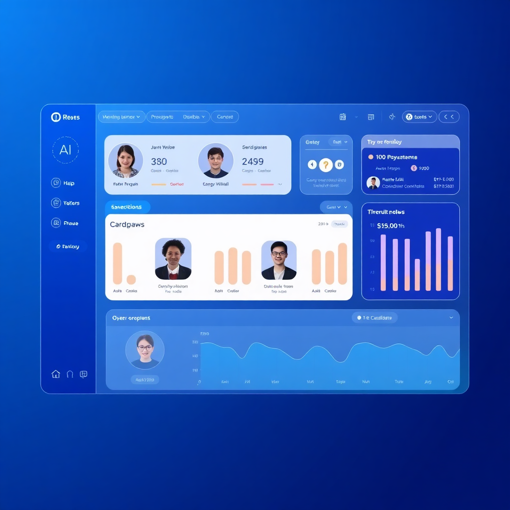 AI-powered HR recruitment dashboard, modern interface with candidate profiles, indigo and futuristic design