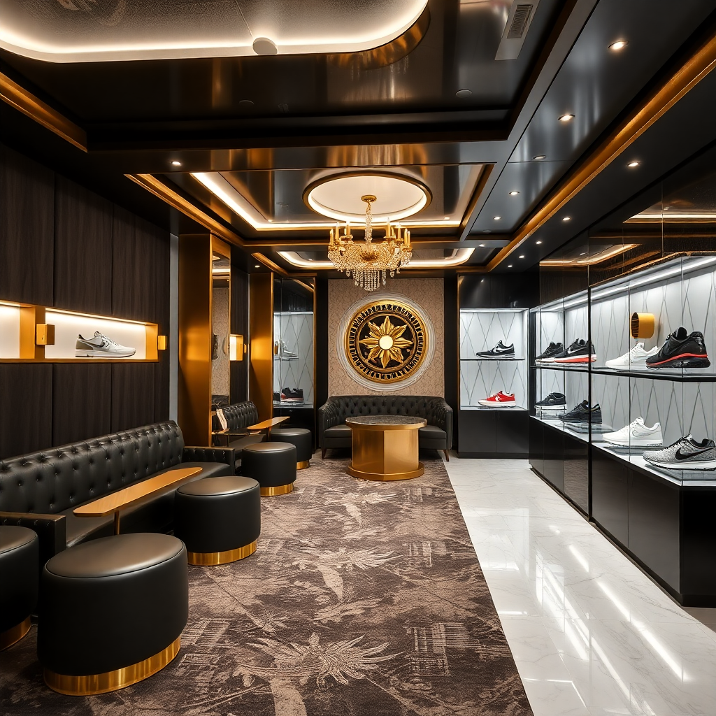luxury VIP lounge with sneaker displays and golden accents