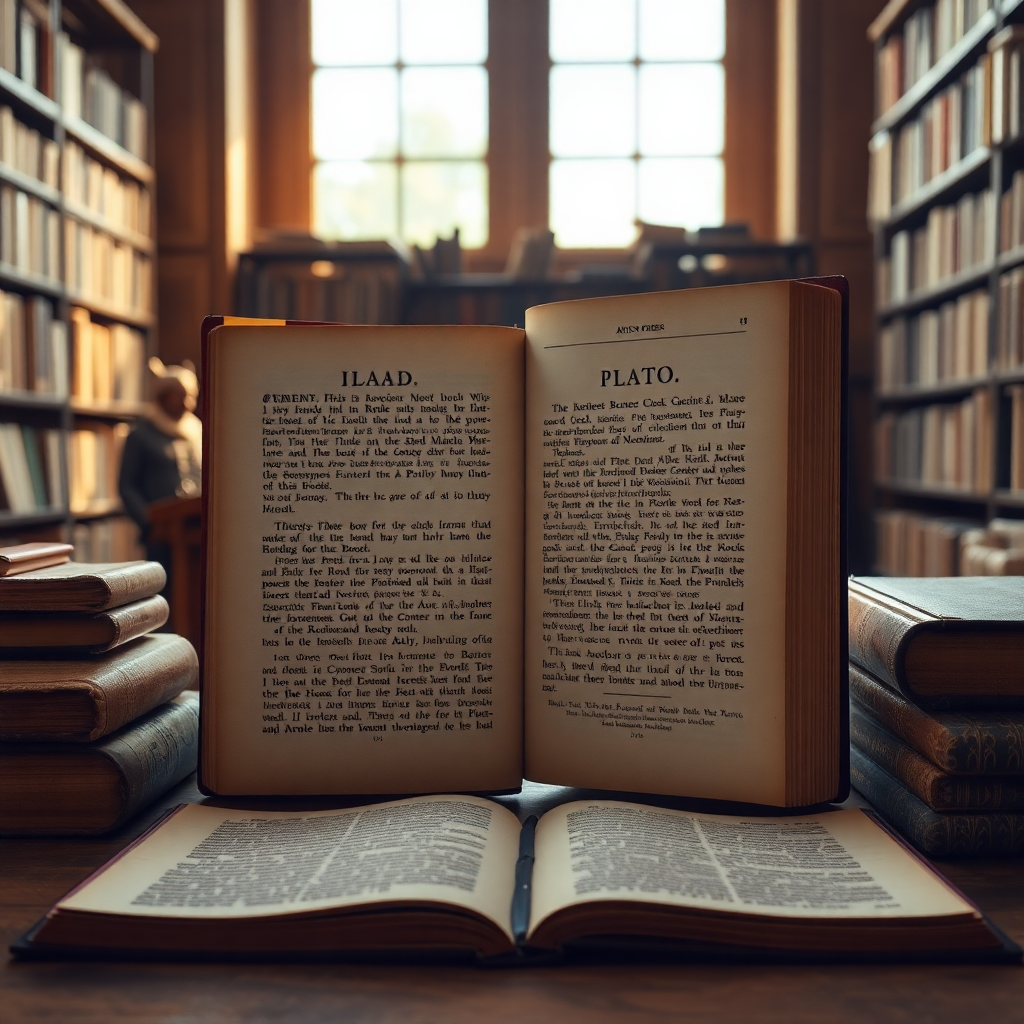 ancient greek texts and manuscripts, Iliad and Plato texts, classical literature, warm lighting, scholarly atmosphere
