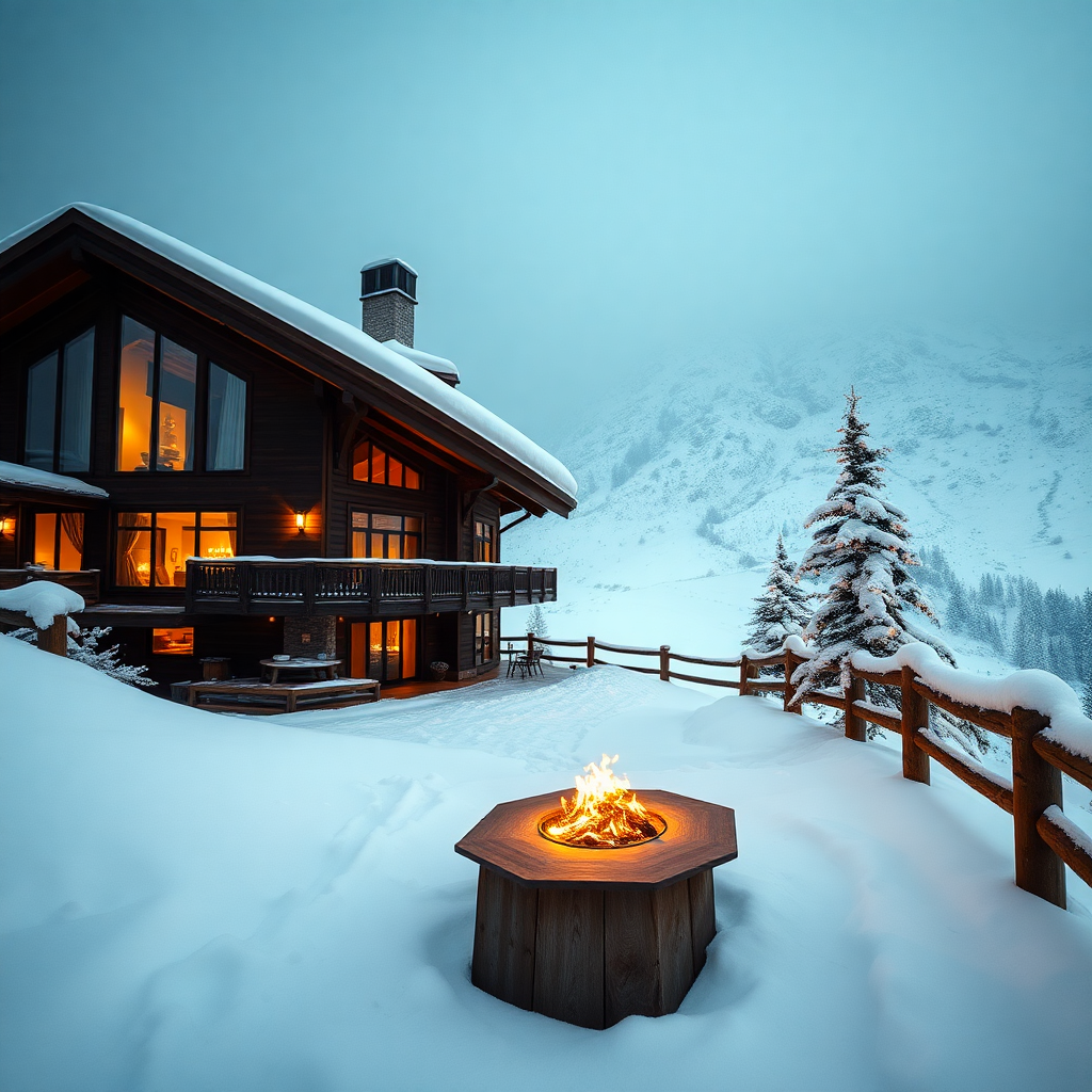 luxury chalet private mountain accommodation Andorra Pyrenees winter snow editorial photography dark cinematic champagne gold tones alpine exclusive