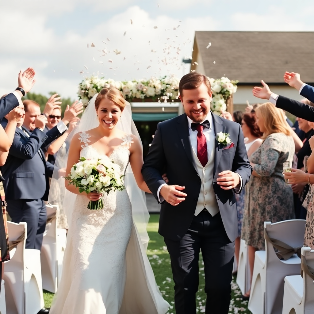 bride and groom walking down aisle confetti celebration