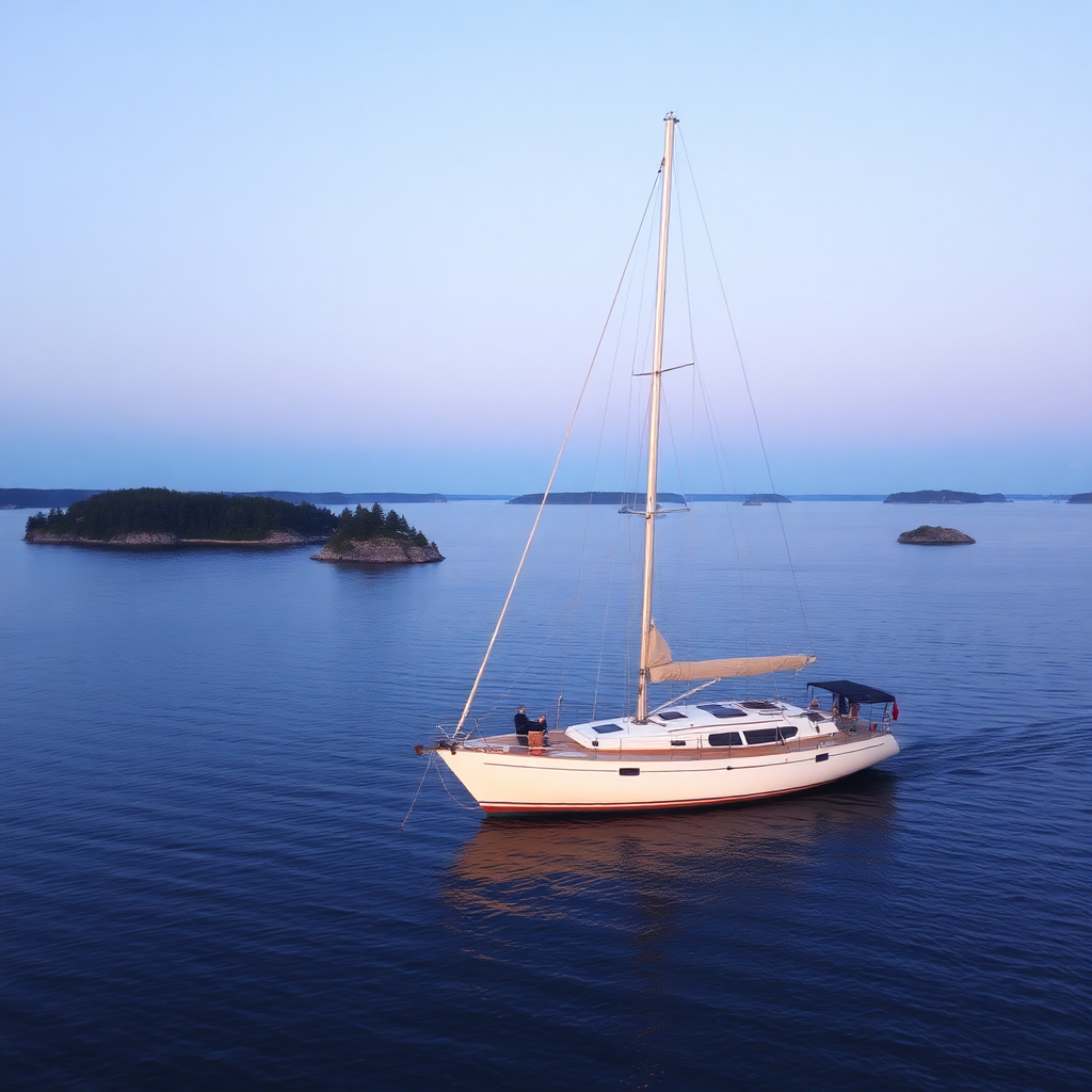 Swedish archipelago with sailing yacht, summer evening light, islands and clear water