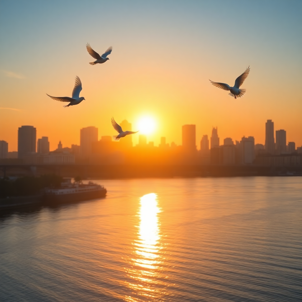 sunrise over peaceful city skyline with doves flying, uplifting peaceful scene, golden hour lighting, hope and unity