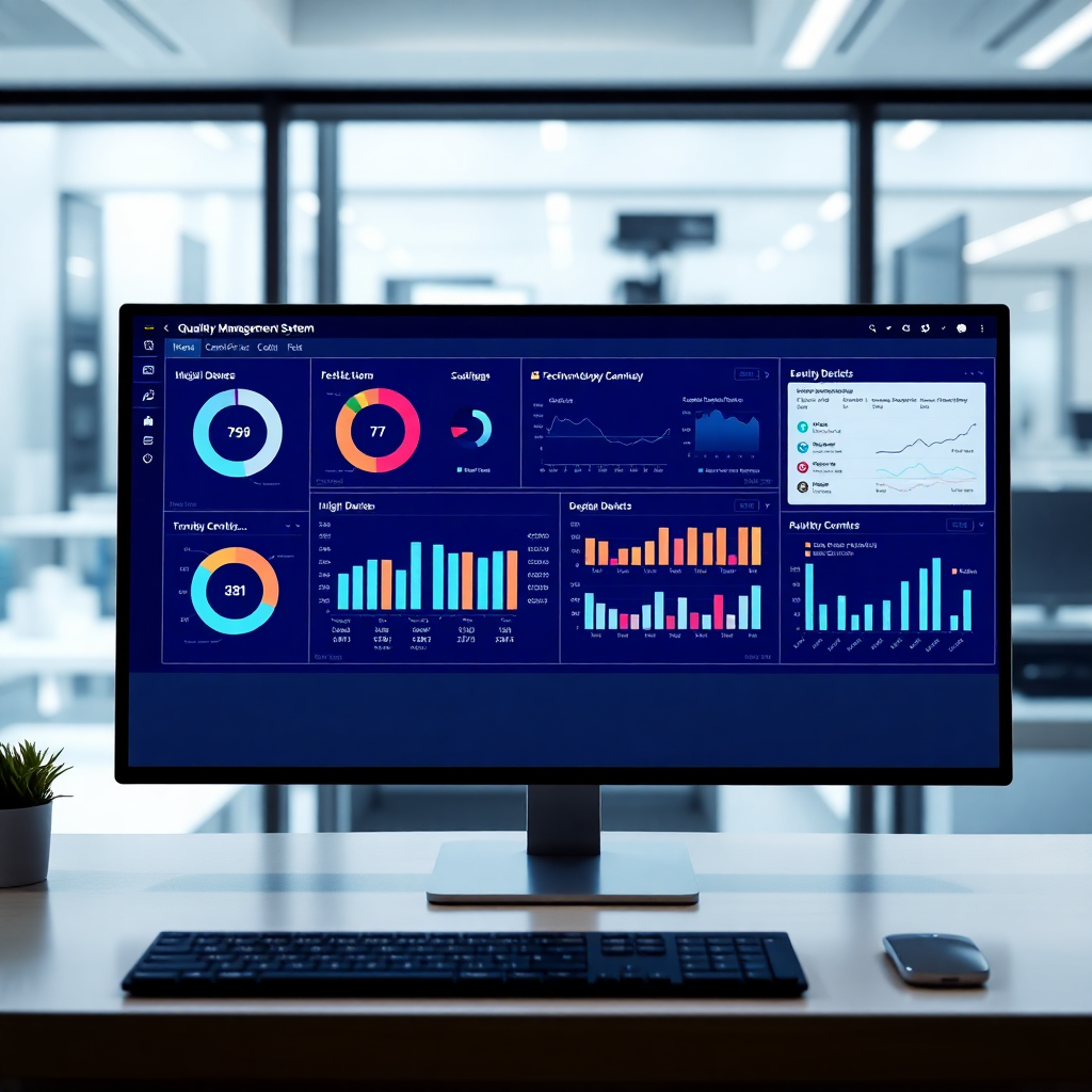 digital quality management system dashboard on computer screen, medical device compliance software interface with analytics, modern technology workspace, ISO 13485 certification documents