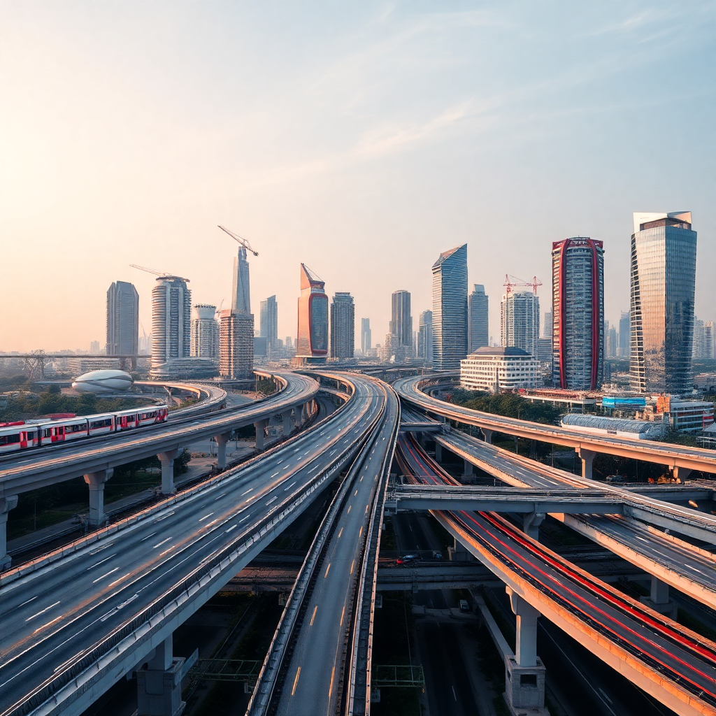 modern urban infrastructure development with highways, metro rail, and smart city buildings, construction of bridges and transportation hubs