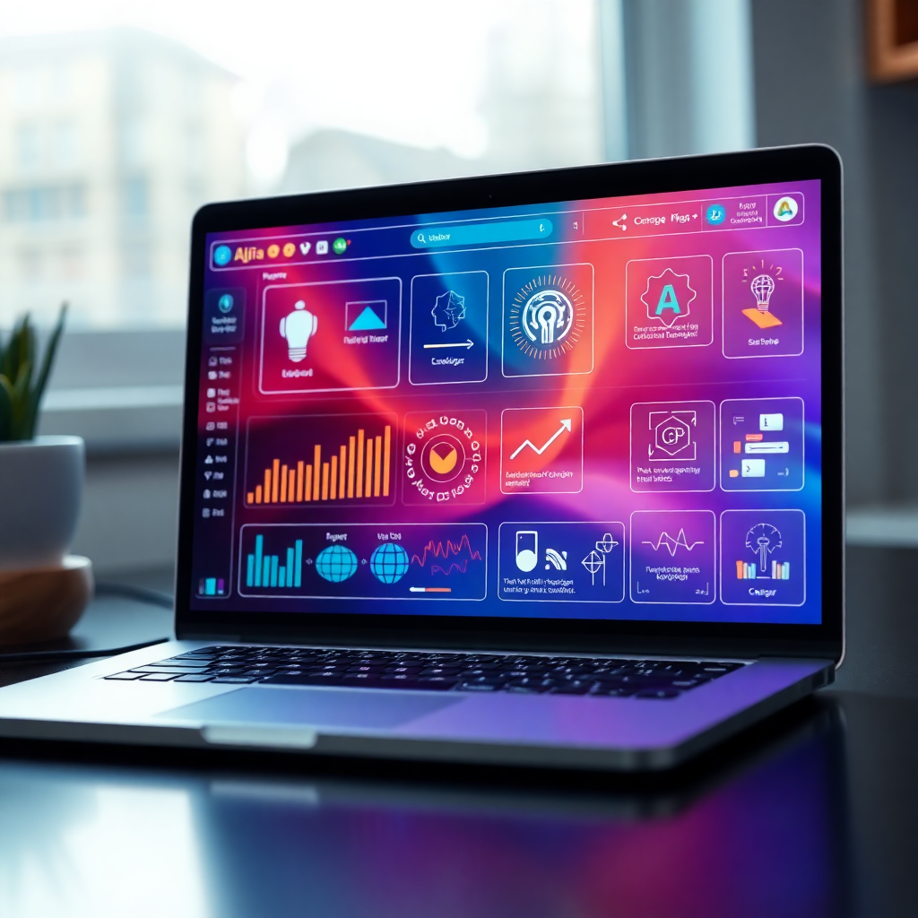 modern digital learning tools on laptop screen, AI interface, collaborative software, vibrant colors, educational technology