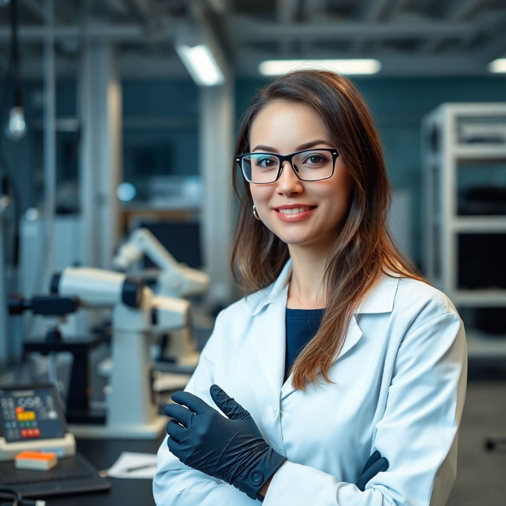 Professional female scientist in modern tech lab, AI researcher, portrait photography