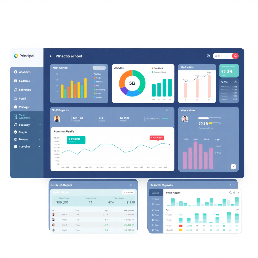 principal dashboard showing multi-school analytics, staff management interface, admission pipeline tracking, financial reports, executive overview design