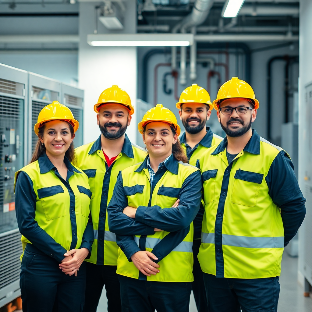 professional team of electrical engineers and technicians in uniform at power systems company, diverse group, modern office background