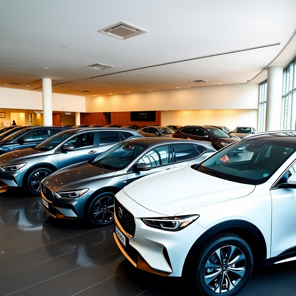 modern luxury JAC dealership interior panoramic view multiple vehicles premium showroom lighting