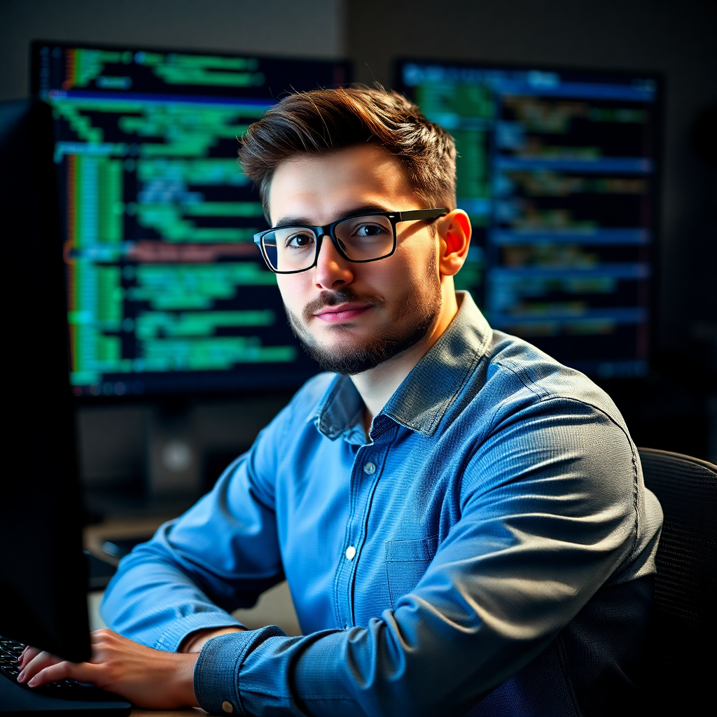 professional male machine learning engineer portrait, coding expert at workstation