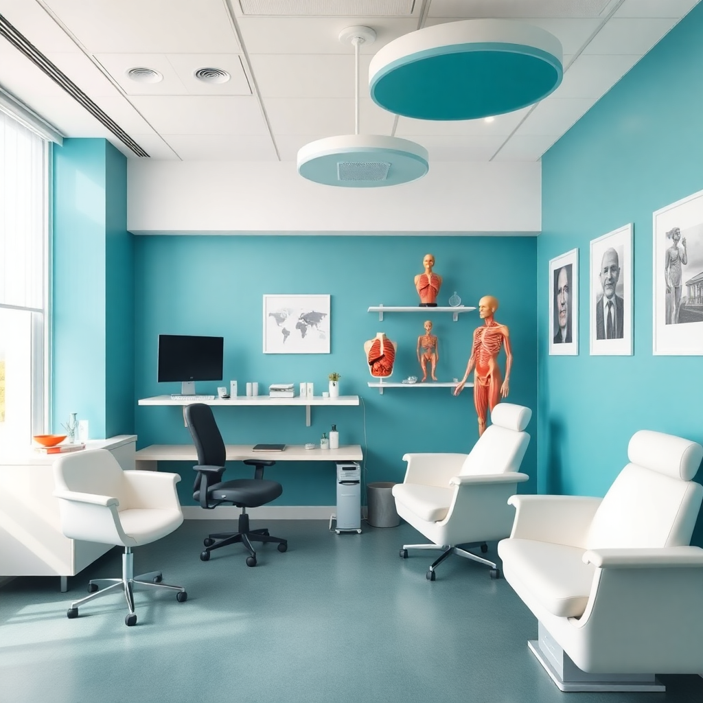 modern medical consultation room with anatomical models, clean cyan and white color scheme, healthcare facility