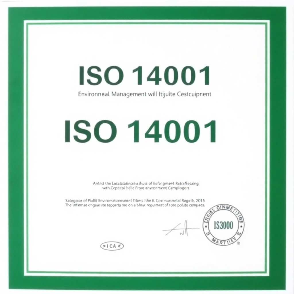 ISO 14001 environmental management certificate with green accents and official seal, professional environmental compliance document
