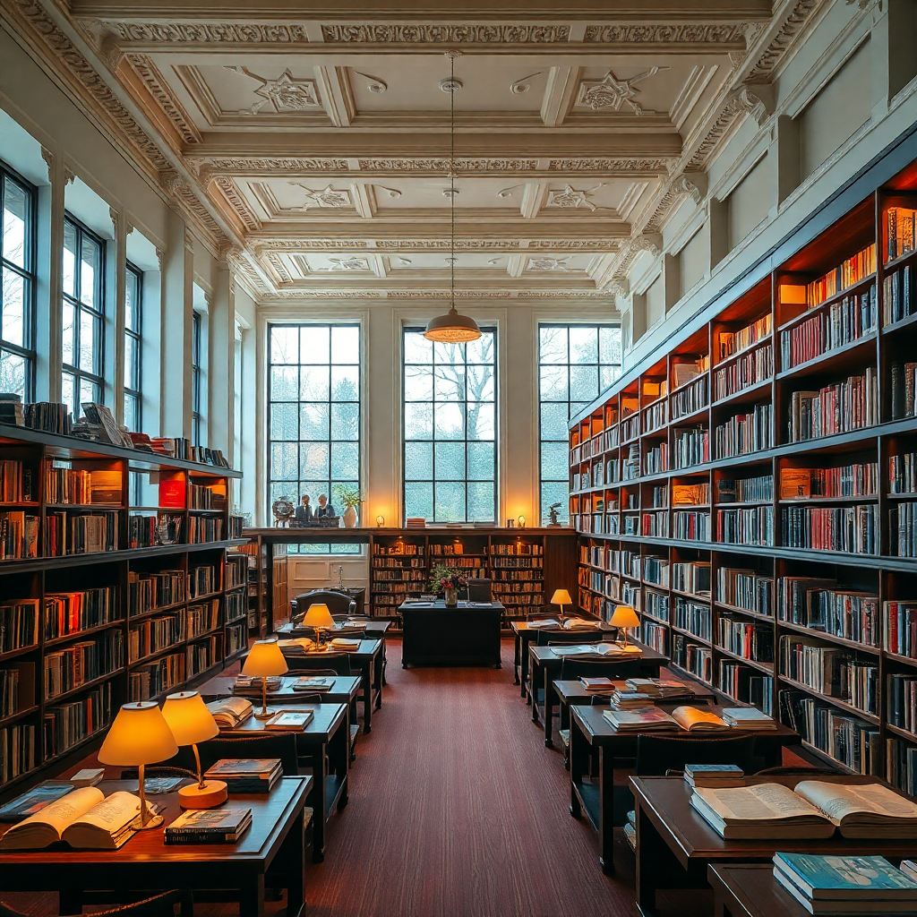 Elegant library interior with warm lighting, vintage books, and modern reading spaces, professional photography style