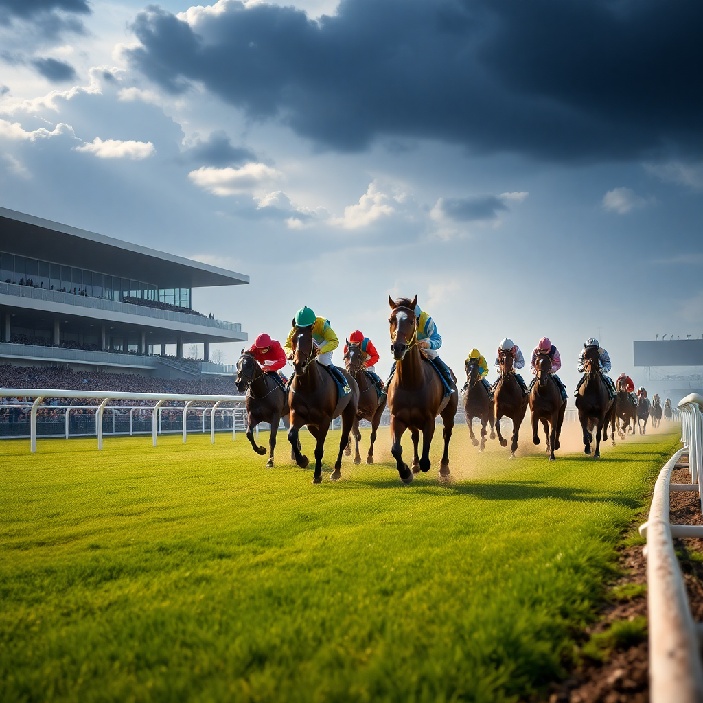 horse racing track with jockeys racing, dramatic action shot, professional photography
