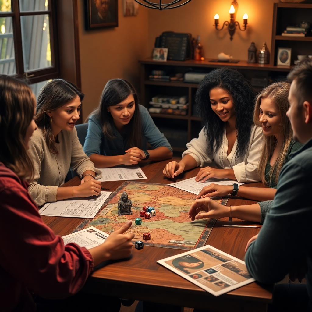 group of diverse people sitting around table playing tabletop RPG, dice, character sheets, fantasy maps, warm lighting, community atmosphere