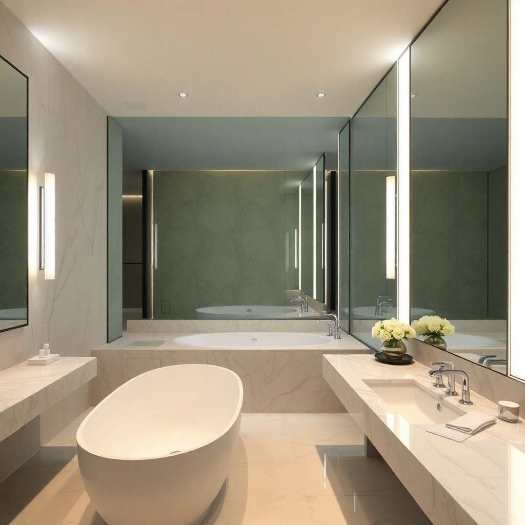 A beautifully designed modern hotel bathroom with a freestanding tub, marble countertops, and large mirror with integrated lighting. Clean, luxurious aesthetic.