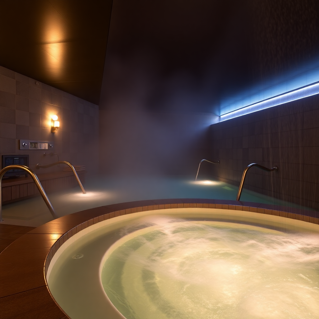 Caldea thermal spa water jets jacuzzi warm pool interior Andorra luxury wellness editorial photography dark moody warm light steam