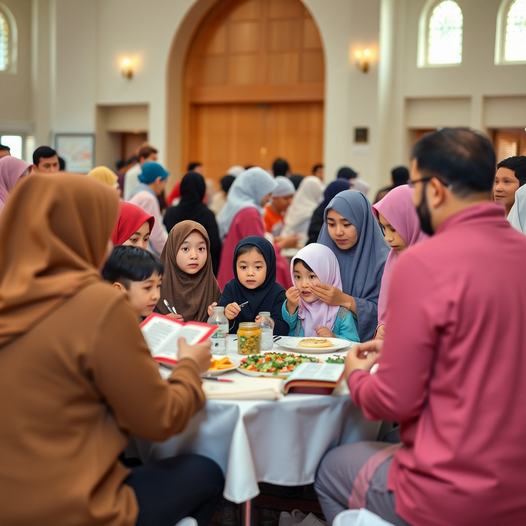 islamic community gathering event, diverse muslim families, children learning quran, community dinner, warm welcoming atmosphere, modern mosque hall