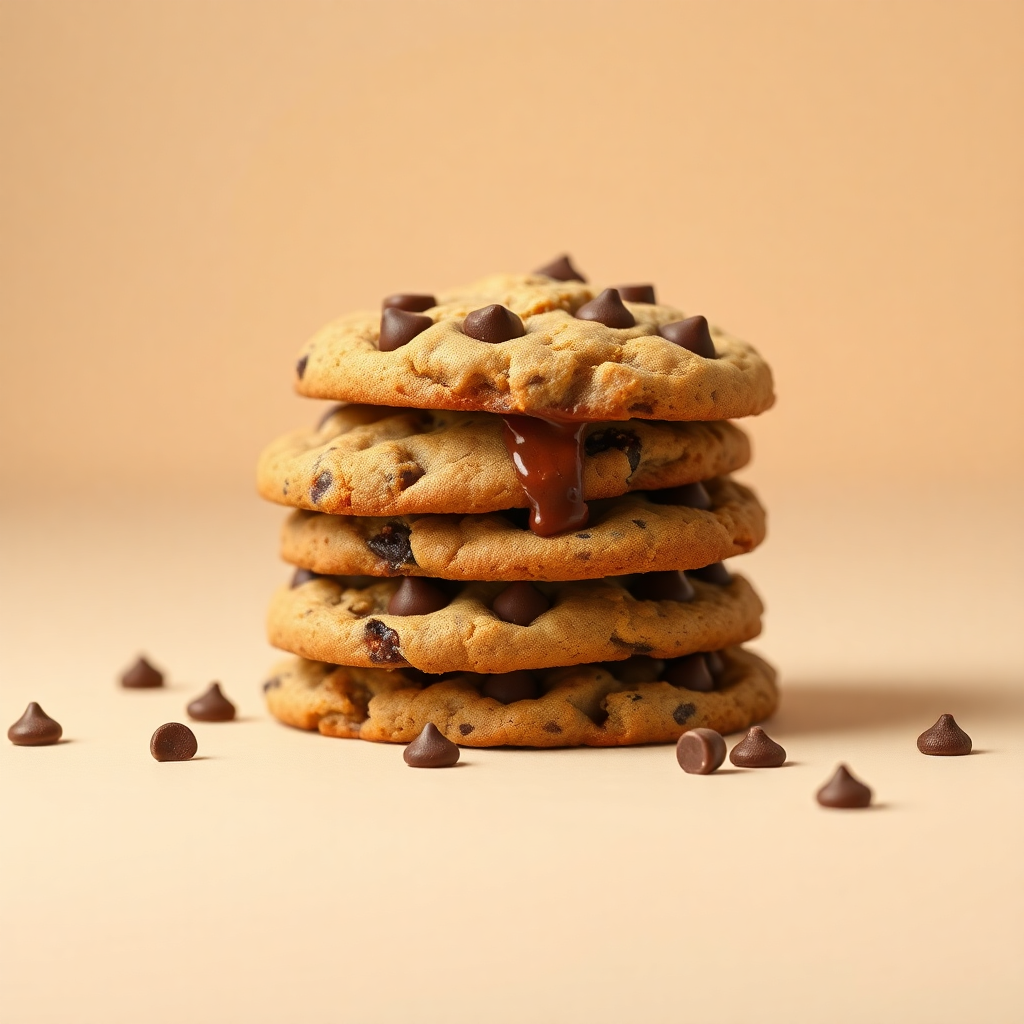 a high-quality, professional food photography of a stack of chocolate chip cookies with melting chocolate chunks, soft studio lighting, beige background