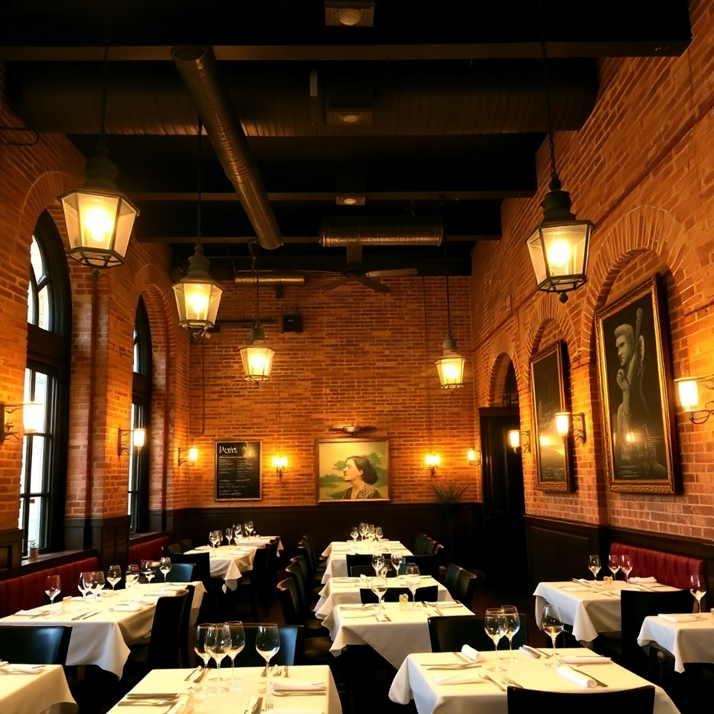 Warmly lit interior of a historic, renovated restaurant with exposed brick walls, vintage lighting fixtures, and elegant table settings. Fine dining atmosphere.