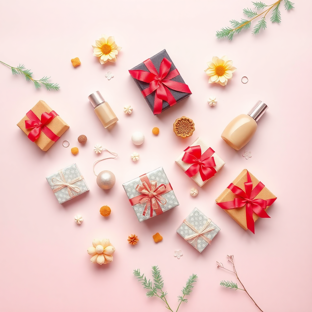 Collage of gift items, aesthetic arrangement on soft pastel background, top down view
