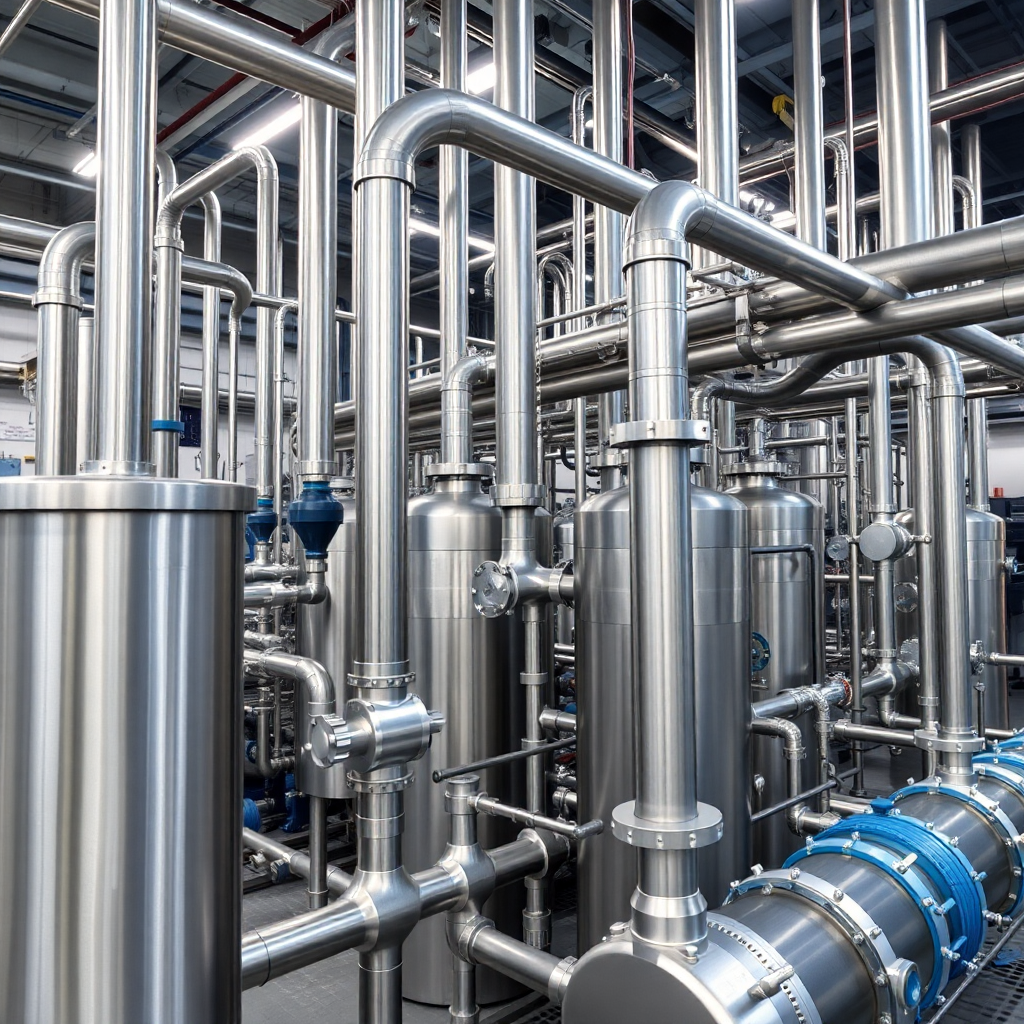 industrial manufacturing plant with diverse piping systems, industrial photography