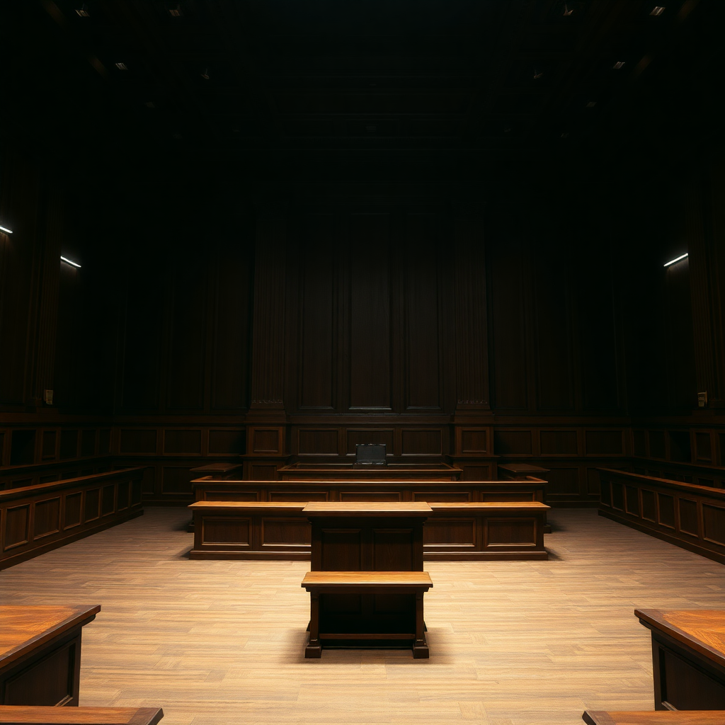 dramatic courtroom interior, empty judge bench, dark moody lighting, cinematic atmosphere, high contrast