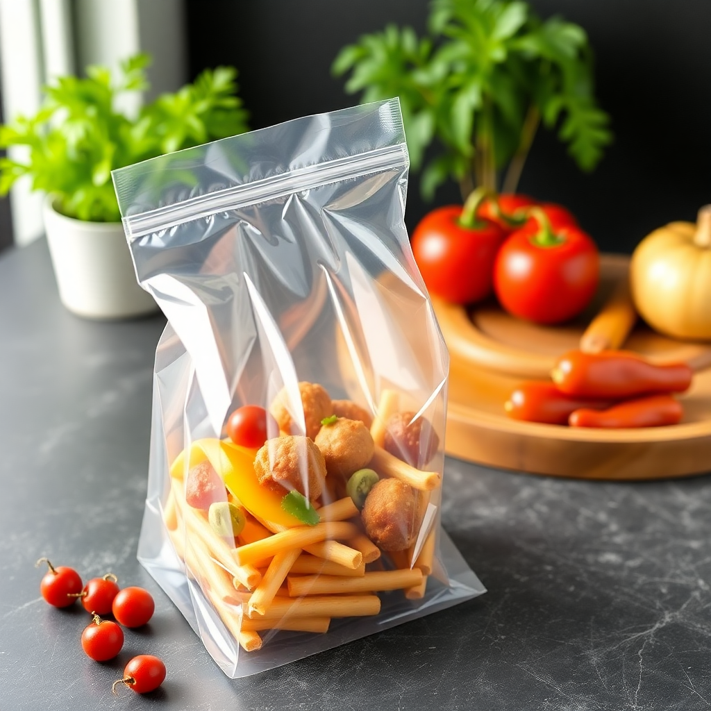 clear HDPE food packaging bags with food items, food grade plastic bags for restaurants, biodegradable food storage bags