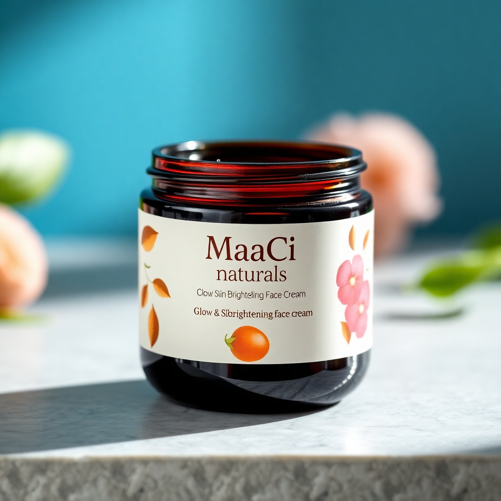 MaaCi Naturals Glow & Skin Brightening Face Cream with litchi extract, elegant jar packaging, natural skincare product photography