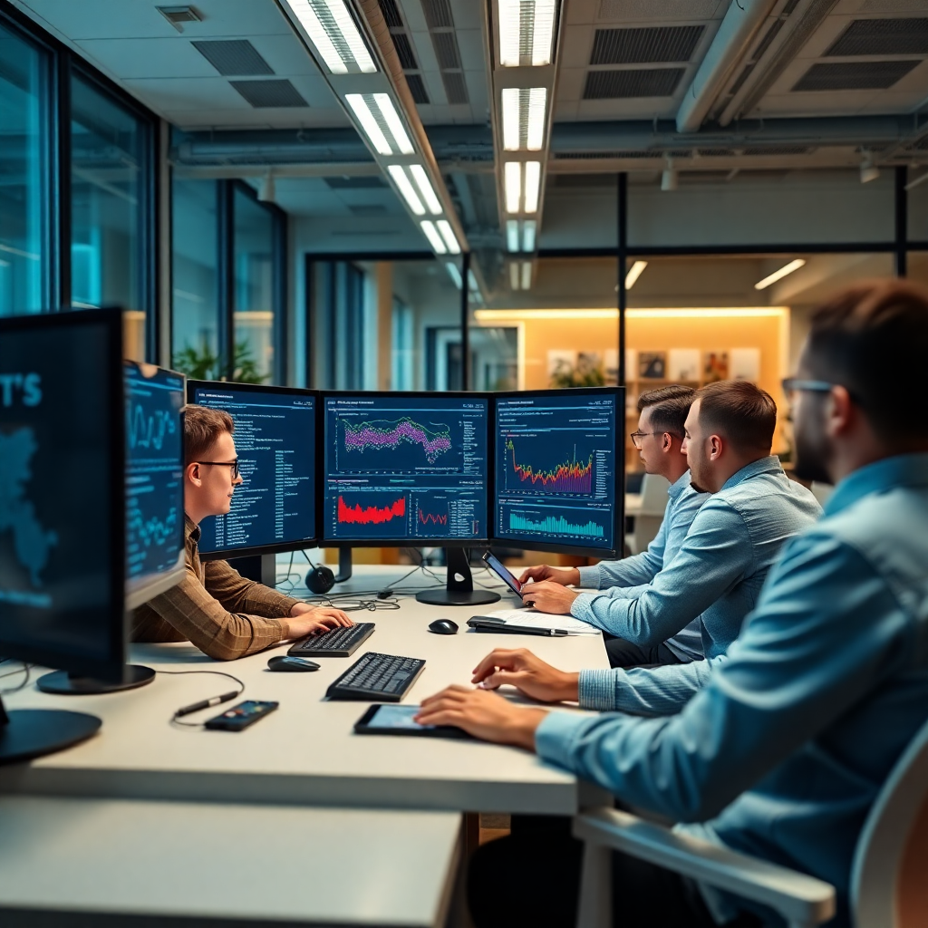 data science team working on machine learning models, modern office with multiple screens showing data analytics
