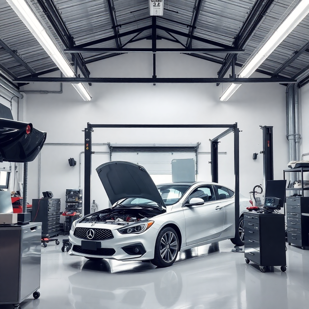 modern automotive glass repair workshop interior, professional equipment, bright lighting, clean organized space
