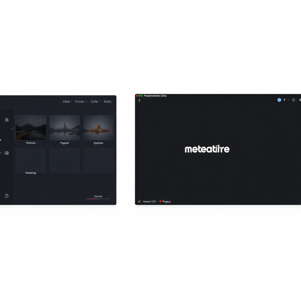 SaaS presentation editor interface with sleek slide thumbnails on the left and a beautiful minimalist slide layout on the right, professional dark mode UI