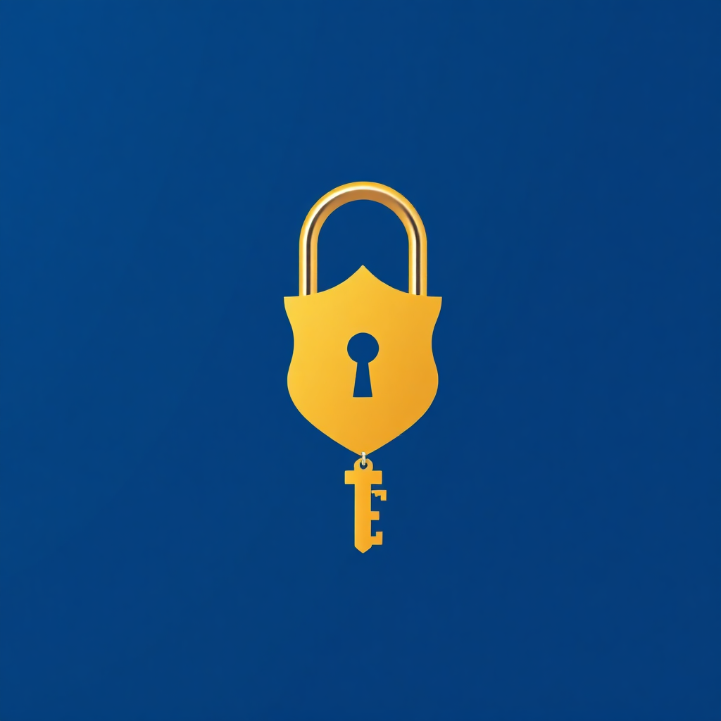 padlock with shield and key, security concept, gold on blue background, minimalist elegant illustration