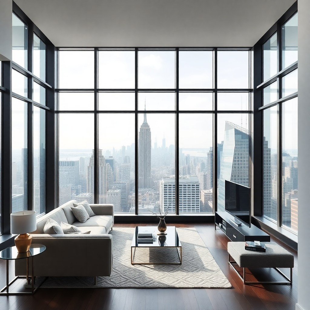 modern penthouse in Manhattan with skyline views, floor to ceiling windows, minimalist interior