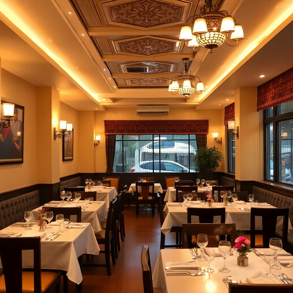 Elegant Nepali restaurant interior with warm lighting, traditional decor, set dining tables, inviting atmosphere, professional photography