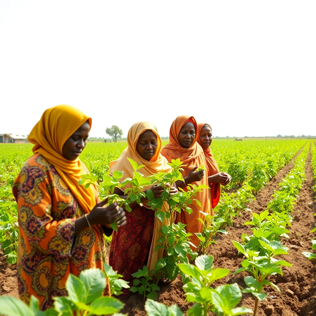 Women farmers in Kano learning sustainable agriculture techniques, Nigerian rural community, group training session, agricultural field, bright daylight, documentary photography style