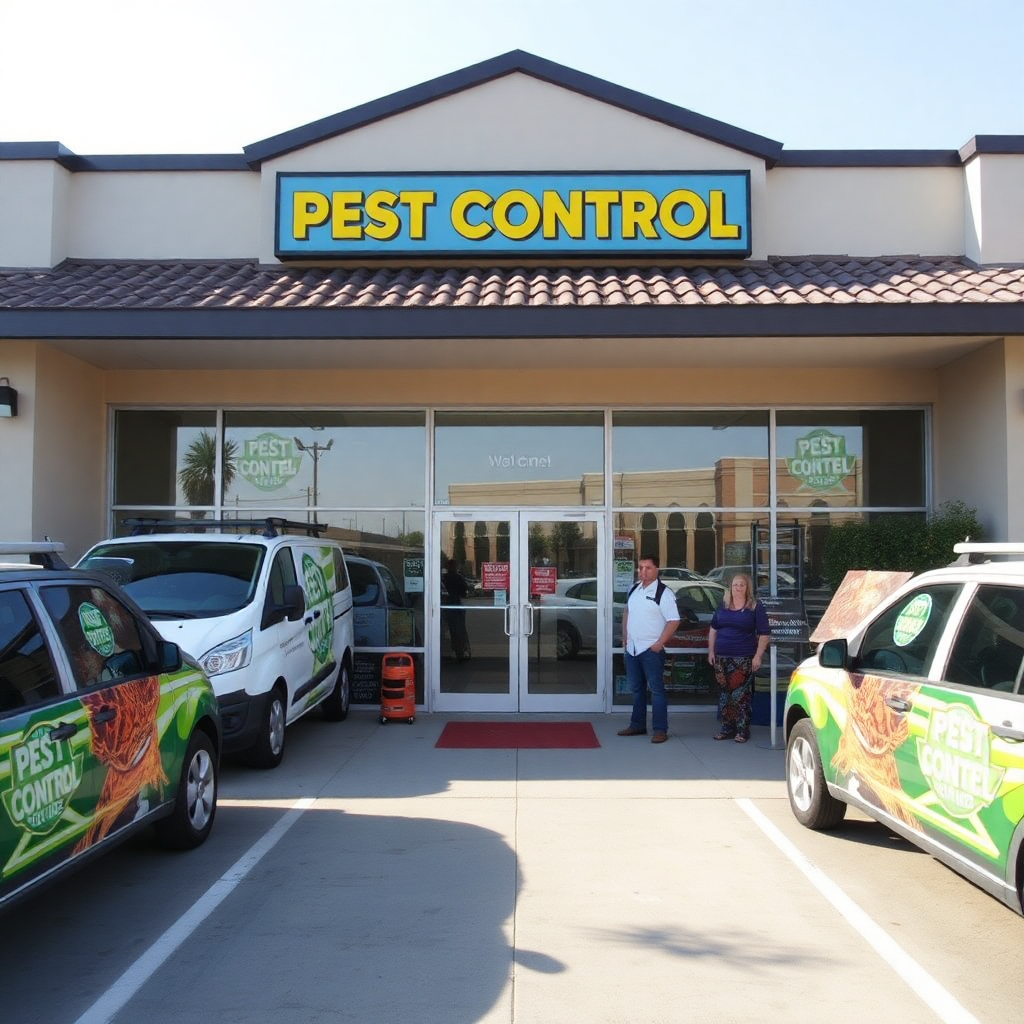 family-owned pest control business storefront with company vehicles, welcoming atmosphere, professional photography, bright daylight