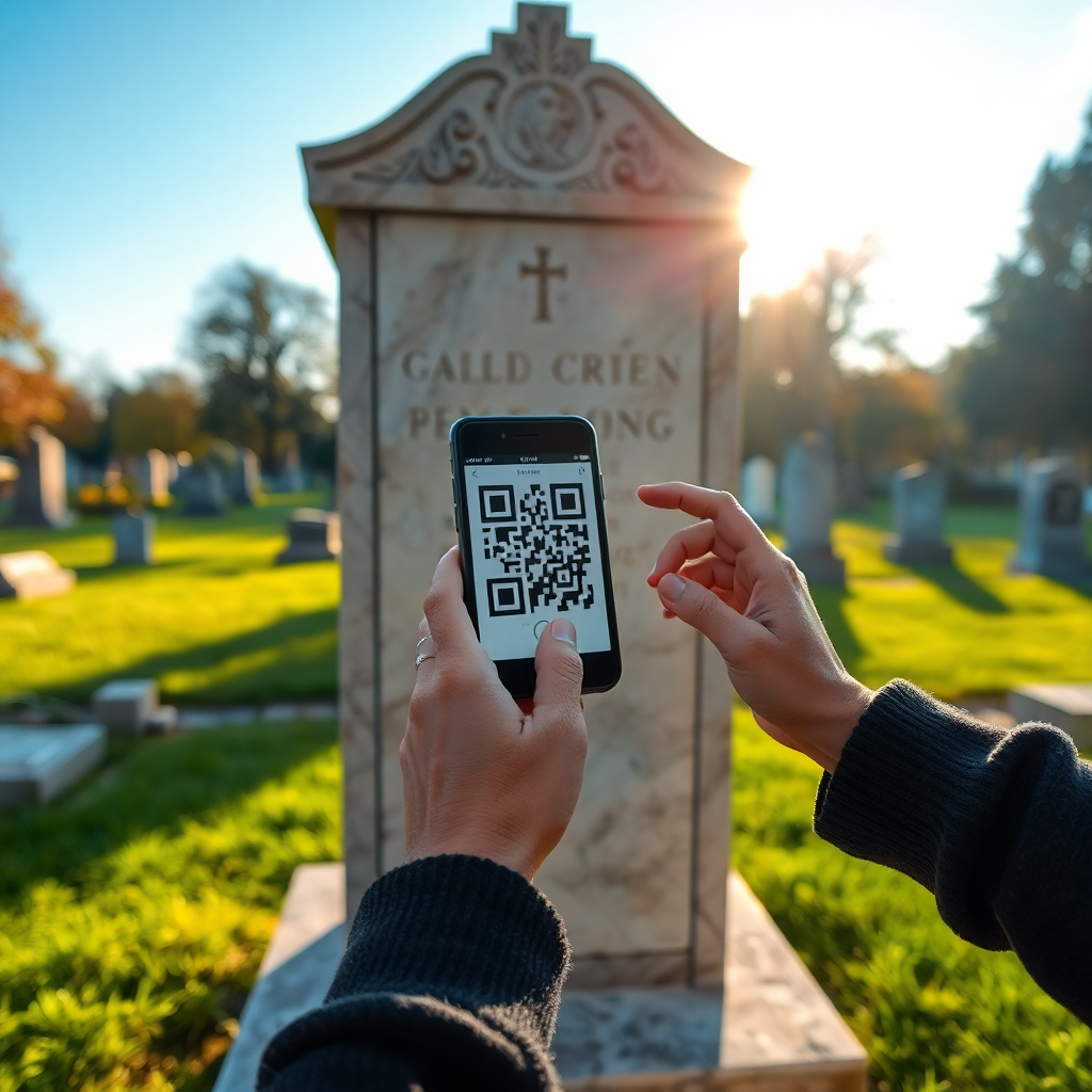 person scanning QR code on a memorial stone, peaceful cemetery setting with soft sunlight, emotional moment