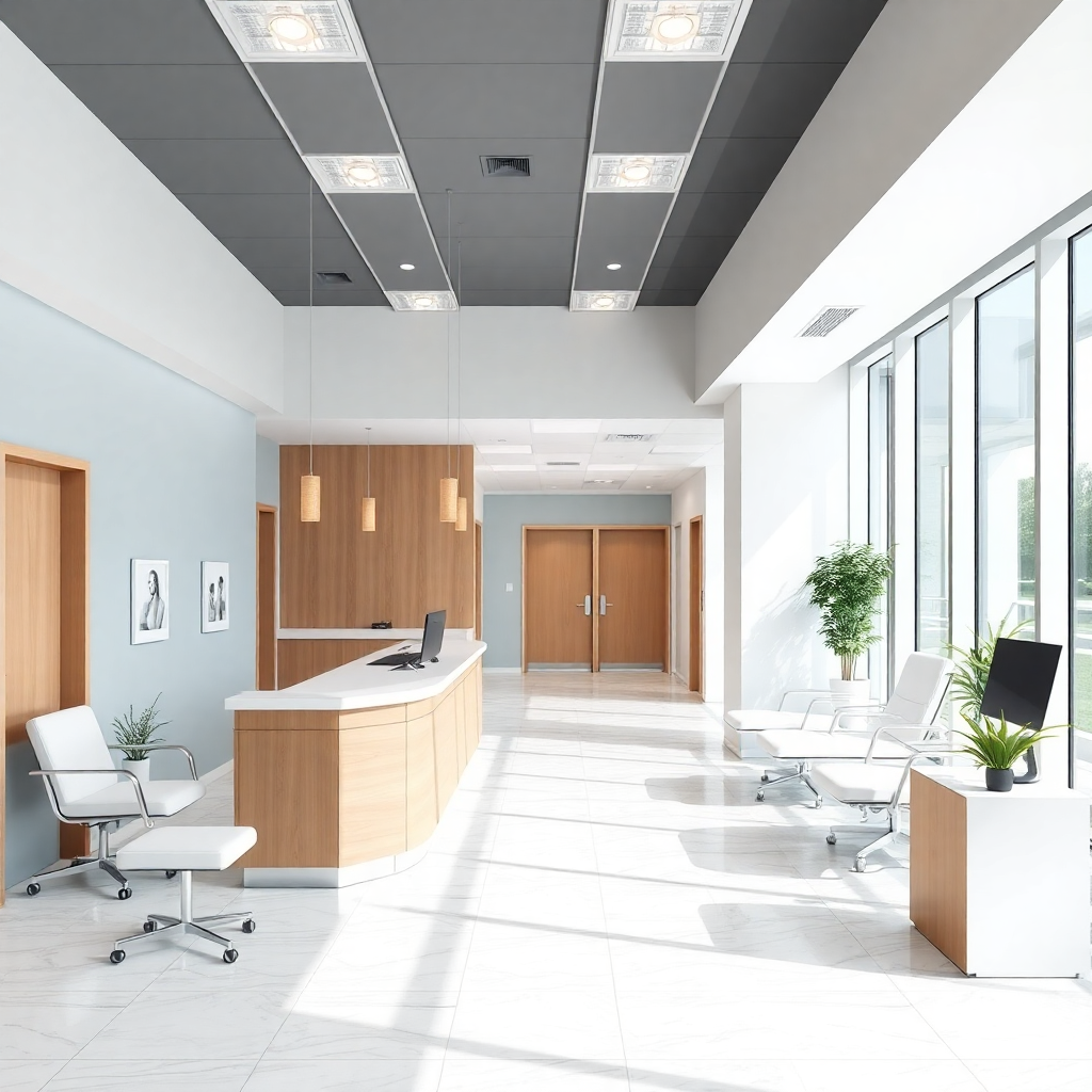 medical clinic interior with modern reception area and patient rooms